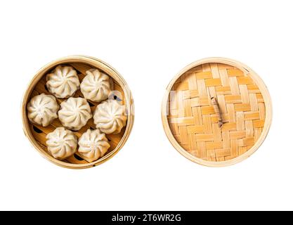 Momo dumplings in a bamboo steamer. Isolated, white background. Top view Stock Photo