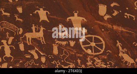 Petroglyphs of vastly different ages, 500 year-old panels inscribed over 2000  to 4000 year-old symbols at Newspaper Rock in Utah. Stock Photo