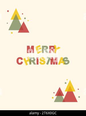 Christmas greeting card. Merry Christmas text and multicolored Christmas trees. Flat vector illustration in risograph style Stock Vector