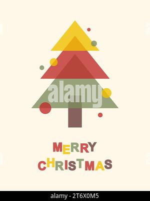 Christmas greeting card. Multicolored Christmas tree with decorations and Merry Christmas text. Flat vector illustration in risograph style Stock Vector