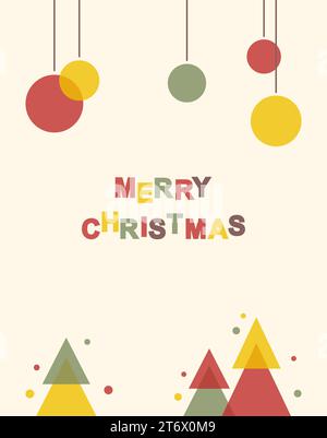 Christmas greeting card. Multicolored Merry Christmas text with Christmas trees and ball decorations. Flat vector illustration in risograph style Stock Vector