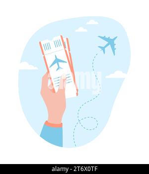 A hand holding airline tickets and an airplane flying in the blue sky. Flat vector illustration Stock Vector