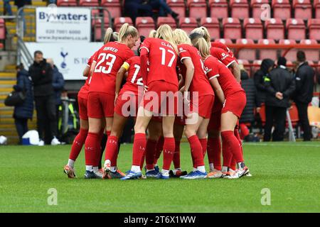 ondon, England on 12 November 2023. Liverpool Women huddle during the FA Women's Super League match between Spurs Women and Liverpool Women at Brisbane Road, London, England on 12 November 2023. Photo by Phil Hutchinson. Editorial use only, license required for commercial use. No use in betting, games or a single club/league/player publications. Credit: UK Sports Pics Ltd/Alamy Live News Stock Photo