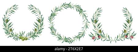 Watercolor olive wreaths. Circle frames, borders green and red fruits. Isolated on white background. Hand drawn botanical illustration. Can be used Stock Photo
