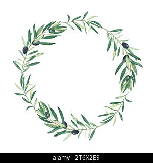 Watercolor olive tree wreath with black olives. Isolated on white ...