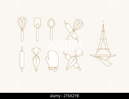 Kitchen utensils in art deco style to prepare bakery products whisk, spatula, measuring spoon, rolling pin, pastry bag, potholder, dish drawing with w Stock Vector