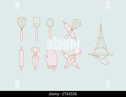 Kitchen utensils in art deco style to prepare bakery products whisk, spatula, measuring spoon, rolling pin, pastry bag, potholder, dish drawing with p Stock Vector