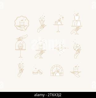 Desserts on cake stand in art deco style labels drawing with white on beige background Stock Vector
