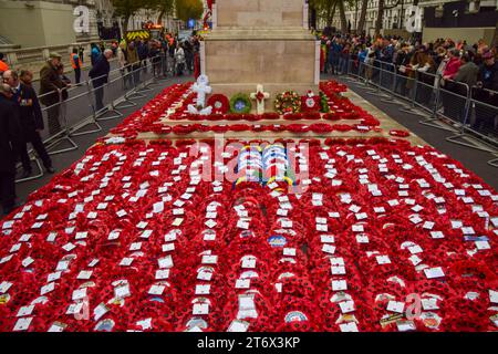 November 12, 2023, London, England, UK: Red poppy wreaths at The Cenotaph in Whitehall on Remembrance Sunday. (Credit Image: © Vuk Valcic/ZUMA Press Wire) EDITORIAL USAGE ONLY! Not for Commercial USAGE! Credit: ZUMA Press, Inc./Alamy Live News Stock Photo