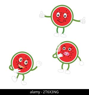 Funny watermelon slices characters with cartoon smile faces. Cute fruit in sunglasses surf. Summer time party. Comic watermelons vector set Stock Vector
