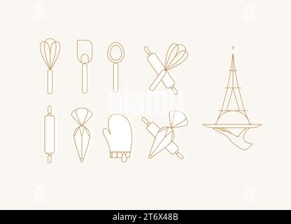Kitchen utensils in art deco style to prepare bakery products whisk, spatula, measuring spoon, rolling pin, pastry bag, potholder, dish drawing with w Stock Vector