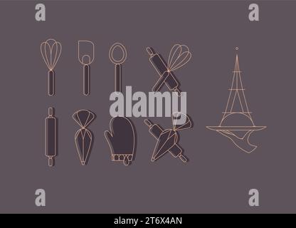 Kitchen utensils in art deco style to prepare bakery products whisk, spatula, measuring spoon, rolling pin, pastry bag, potholder, dish drawing with b Stock Vector