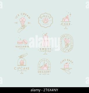 Bakery dessert labels with lettering in art deco style drawing with pink on turquoise background Stock Vector