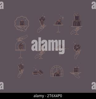 Desserts on cake stand in art deco style labels drawing with brown on chocolate color background Stock Vector