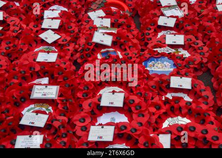 London, UK. 12th November 2023. Red poppy wreaths at The Cenotaph in Whitehall on Remembrance Sunday. Credit: Vuk Valcic/Alamy Live News Stock Photo