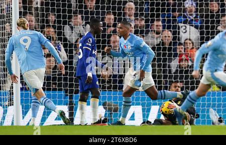 Manchester City's Manuel Akanji celebrates scoring their side's second goal of the game during the Premier League match at Stamford Bridge, London. Picture date: Sunday November 12, 2023. Stock Photo