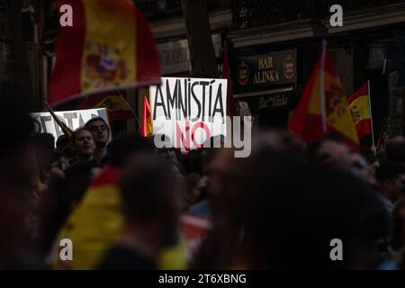 Madrid, Spain. 12th Nov, 2023. People carrying placards and flags are seen during a protest called by far right party VOX against the amnesty deal for Catalan separatists. Demonstrators have gathered near socialista party PSOE headquarters to protest against the government of Pedro Sanchez and the approval of an amnesty for Catalan separatist leaders which is included in the agreement that guarantees the investiture of the socialist candidate. Credit: Marcos del Mazo/Alamy Live News Stock Photo