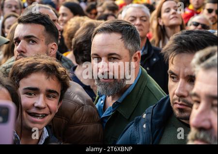 Madrid, Spain. 12th Nov, 2023. Santiago Abascal, leader of VOX party is seen during a protest called by far right party VOX against the amnesty deal for Catalan separatists. Demonstrators have gathered near socialista party PSOE headquarters to protest against the government of Pedro Sanchez and the approval of an amnesty for Catalan separatist leaders which is included in the agreement that guarantees the investiture of the socialist candidate. Credit: Marcos del Mazo/Alamy Live News Stock Photo