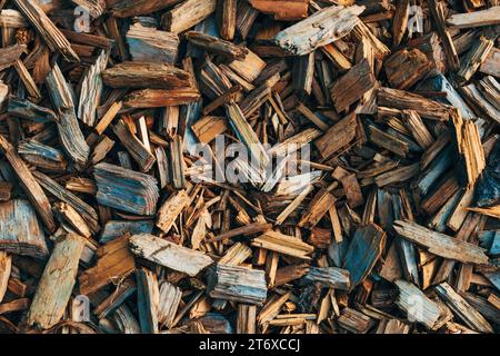 Top view of wood chips on the ground, bark wood texture Stock Photo