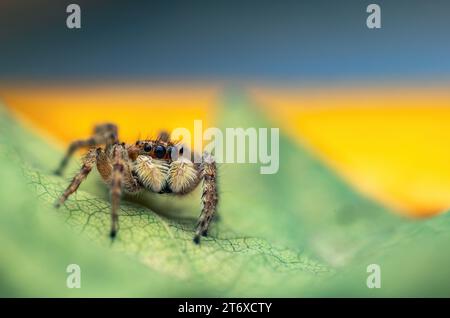 Jumping spider macro closeup shot on green defocused nature background. Stock Photo