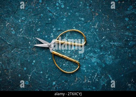 Old vintage rusty scissors isolated over vintage blue backdrop texture dark background Stock Photo