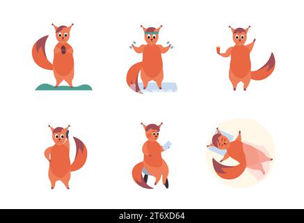 Cute squirrel icons set. Flat vector illustration. The squirrel eats a nut, exercises, drinks coffee, sleeps, talks on the phone and reads Stock Vector