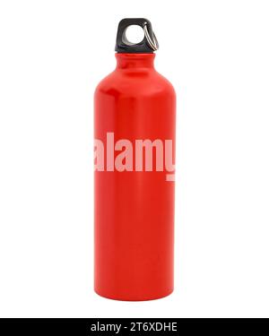 Red aluminum bottle with black sports water bottle with black cap isolated on a white background Stock Photo