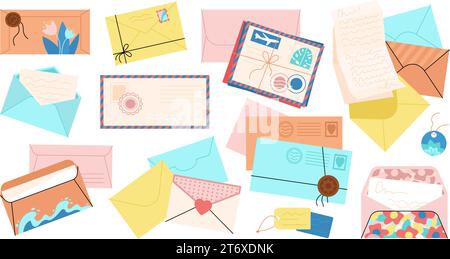 Cartoon different envelopes, flat envelope with letter and stamps. Postcrossing hobby, handmade mail vintage elements. Isolated post decent vector set Stock Vector
