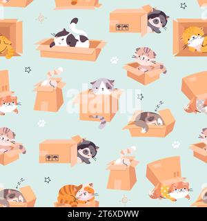 Cardboards boxes with cats seamless pattern. Kittens playing, resting and transportation in box. Cartoon funny pets nowaday vector background Stock Vector