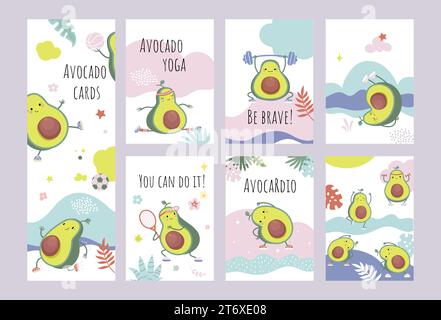 Cartoon avocado motivation cards. Cute avocados characters posters or covers print templates. Healthy food and lifestyle, nowaday vector graphic Stock Vector