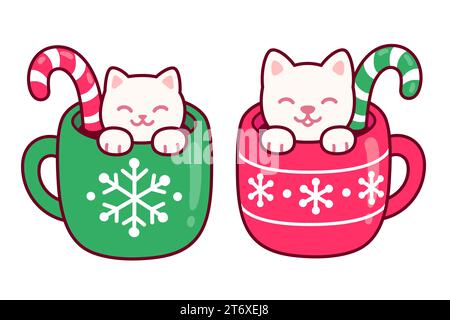 Christmas drink cups with marshmallow cat and dog with candy cane. Kawaii couple latte art. Cute cartoon Christmas greeting card vector illustration. Stock Vector