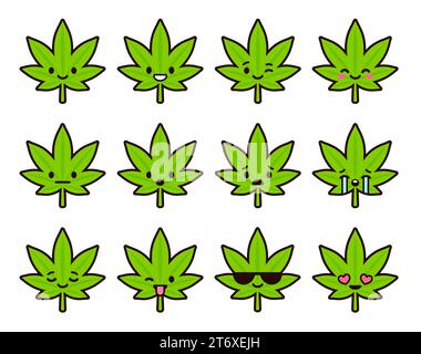 Cute emoticon set: adorable cartoon cannabis leaf with different emotions. Flat vector emoji illustration. Stock Vector