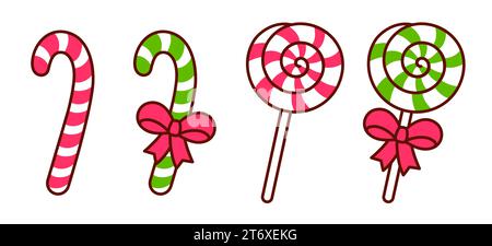 Christmas candy canes and lollipops doodle drawing. Red and green candy with ribbon bows. Vector clip art illustration set. Stock Vector