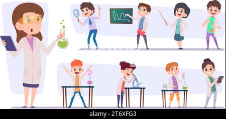 Little scientists. Chemical laboratory kids making experiments holding tubes exact vector cartoon people Stock Vector