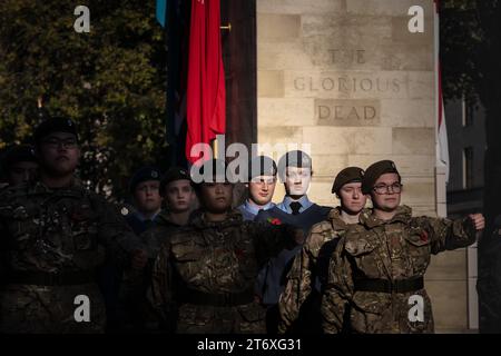 London, UK. 11th November 2023. Armistice Day: Young Cadets march past the Cenotaph in Whitehall. Credit: Guy Corbishley/Alamy Live News Stock Photo