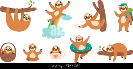 Cute lazy sloths, cartoon cloth in different poses. Isolated animal on branch, in morning cup and basket. Funny classy vector forest characters Stock Vector