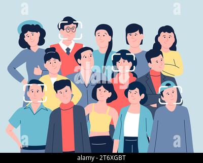 Face identification in crowd. Security technologies, biometric authentication person in public spaces. Id recognition recent vector concept Stock Vector