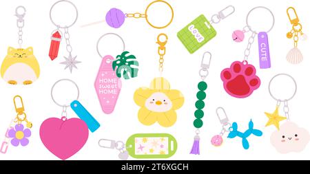 Keychains flat clipart. Isolated cartoon key holders with cute designs. Keys rings for children and adults. Decorative funny pendants racy vector set Stock Vector