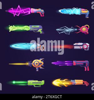 Futuristic cartoon gun. Space weapon shoot plasma, lightnings or laser rays. Blaster with flame stream, gaming handguns nowaday vector collection Stock Vector