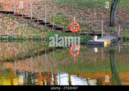 lifebuoy on the shore of a pond. lifebuoy on the pier Stock Photo