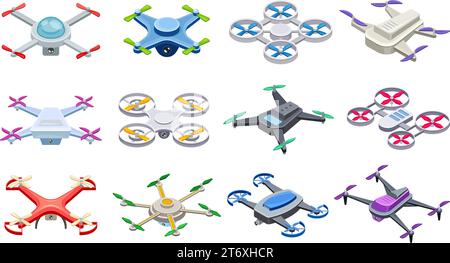 Isometric quadcopters. Different drones for delivery survey, uav surveillance unmanned helicopter with video camera remote control, house flying copter, neoteric vector illustration of copter aerial Stock Vector