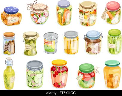 Pickled food jars. Cartoon preserved products in can jar bottle, marinating vegetables spice pot kitchen pantry, fruit pickle appetizer conserve neoteric vector illustration of glass product homemade Stock Vector