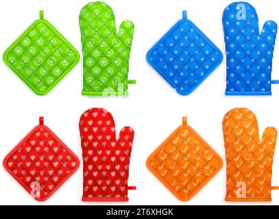 Realistic potholders. 3d fireproof gloves kitchen mittens mockup, mitt potholder for hand cooking baking on heated oven, baker hot pot holder tools, vector illustration of cooking fireproof protective Stock Vector
