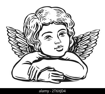 Little angel in vintage style engraving black and white illustration. Cute baby with wings Stock Photo