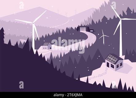 Landscape Combatting Climate Change Using Renewable Energy, Reducing Carbon Footprint, Greenhouse Gases, Fossil Fuels, Green Energy, Wind Turbines Stock Vector