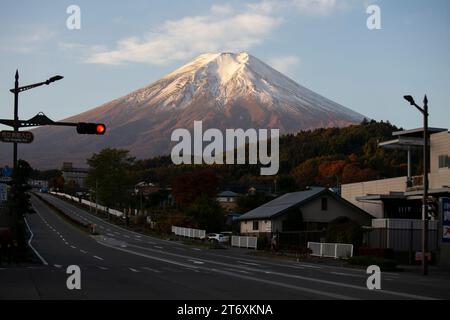 Views of Mount Fuji at dawn from the streets of the city of Fujiyoshida in Japan. Stock Photo