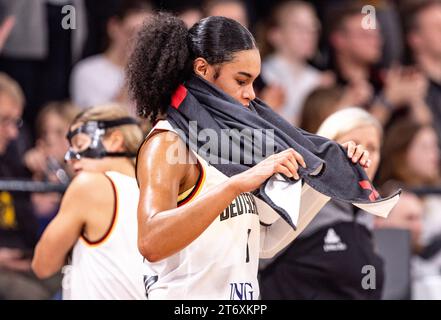 12 November 2023, Hamburg: Basketball, Women: European Championship qualifier, Germany - Italy, Group I, Matchday 2. Germany's Satou Sabally leaves the hall. Photo: Axel Heimken/dpa Stock Photo