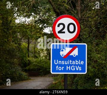 20 mph speed limit and unsuitable for HGVs sign in front of a rural road with lush greenery Stock Photo