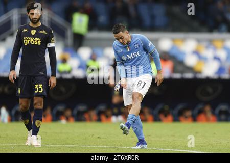 SSC Napoli's Italian forward Giacomo Raspadori gesticulate during the Serie A football match between SSC Napoli and Empoli at the Diego Armando Maradona Stadium in Naples, southern Italy, on November 12, 2023. Stock Photo