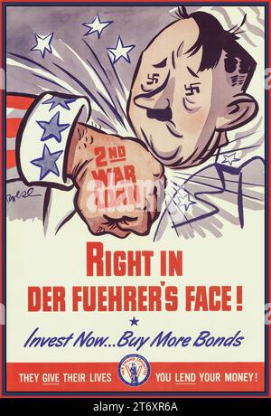 Vintage American WW2 1940s Propaganda {poster Appeal 'Right in der Fuehrer's Face')  2nd War Loan. Invest Now..Buy More Bonds. Illustration of Uncle Sams fist hitting a caricature cartoon of Adolf Hitler right on the chin. Stock Photo
